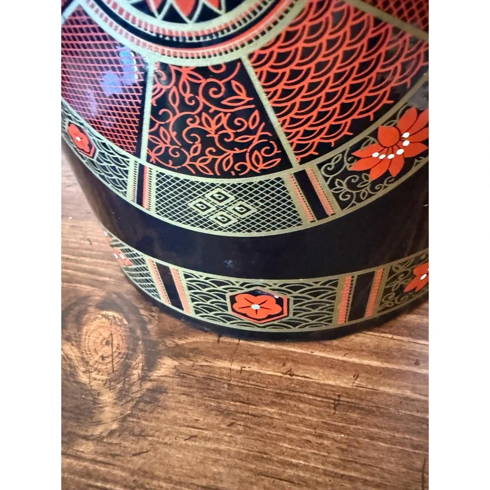 Vintage Chinoiserie Ice Bucket Faux Bamboo Handle Red and Black Intricate Design